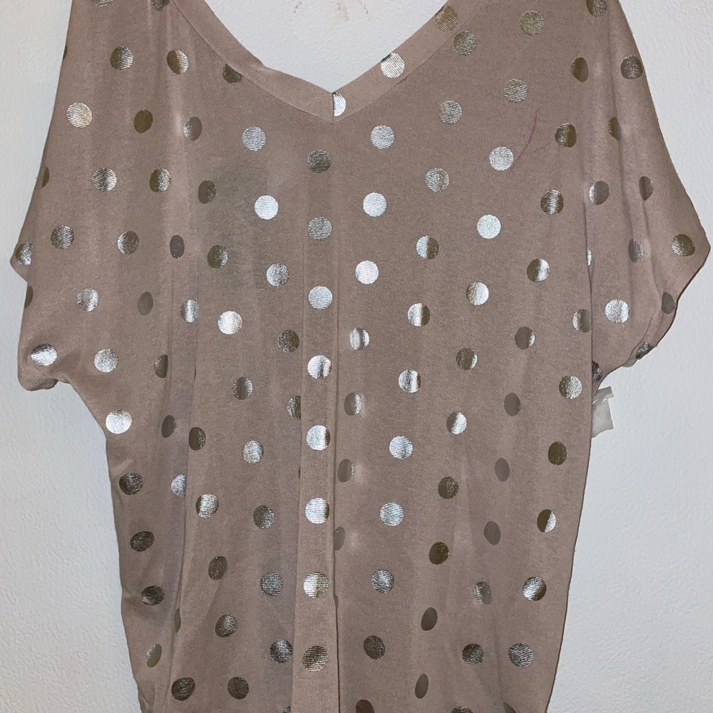 She + Sky Tan Blouse with Silver Polka Dots